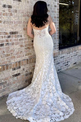 White Floral Lace Strapless Mermaid Long Wedding Dress